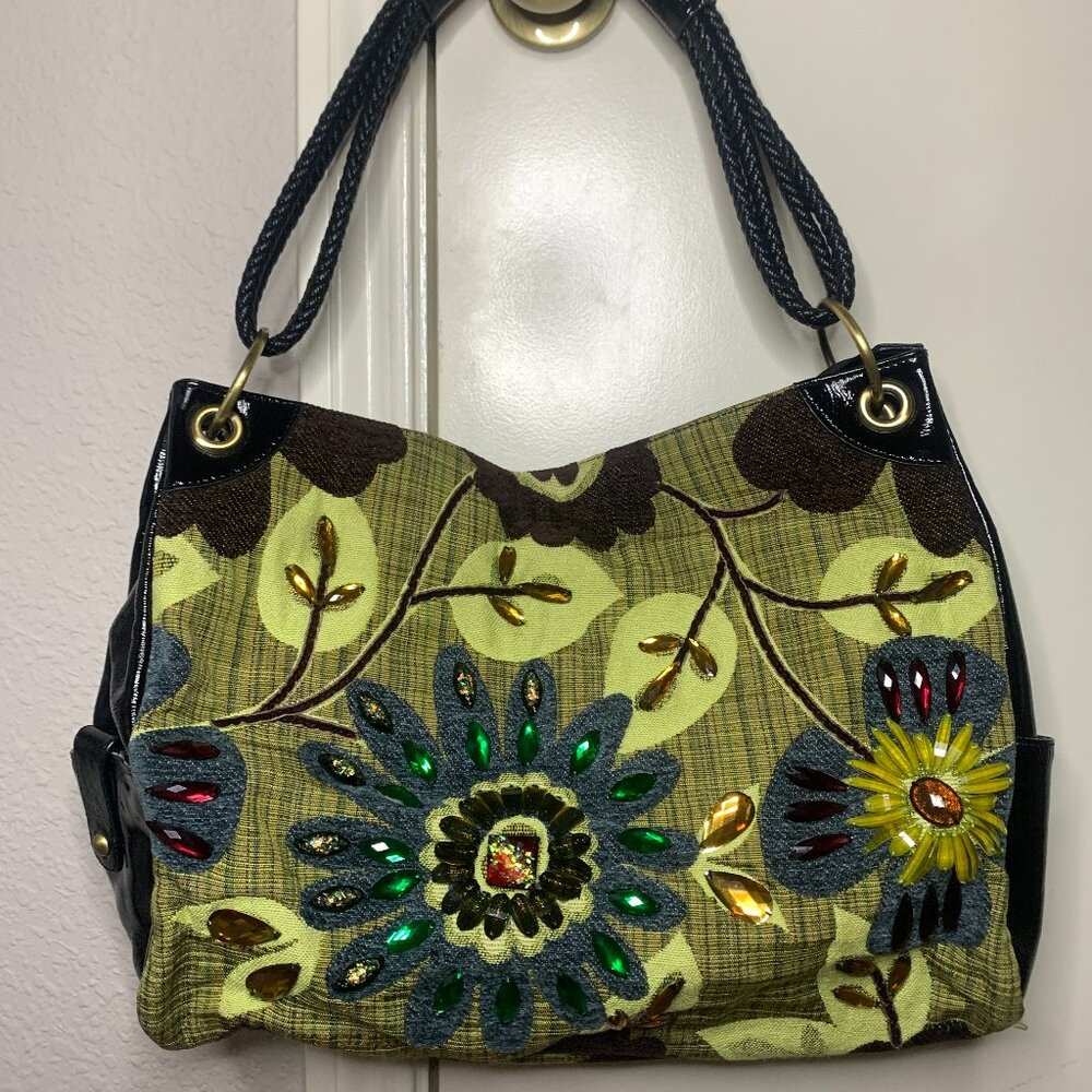 Sharif Green Floral Beaded Shoulder Bag
